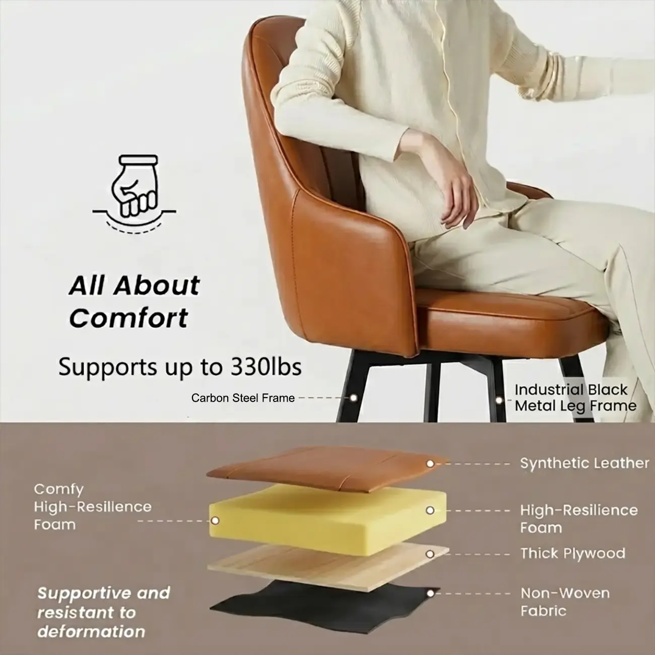 360° Swivel Modern Counter Stool In Faux Leather And Chenille Fabric Image - 7 | homeyfad