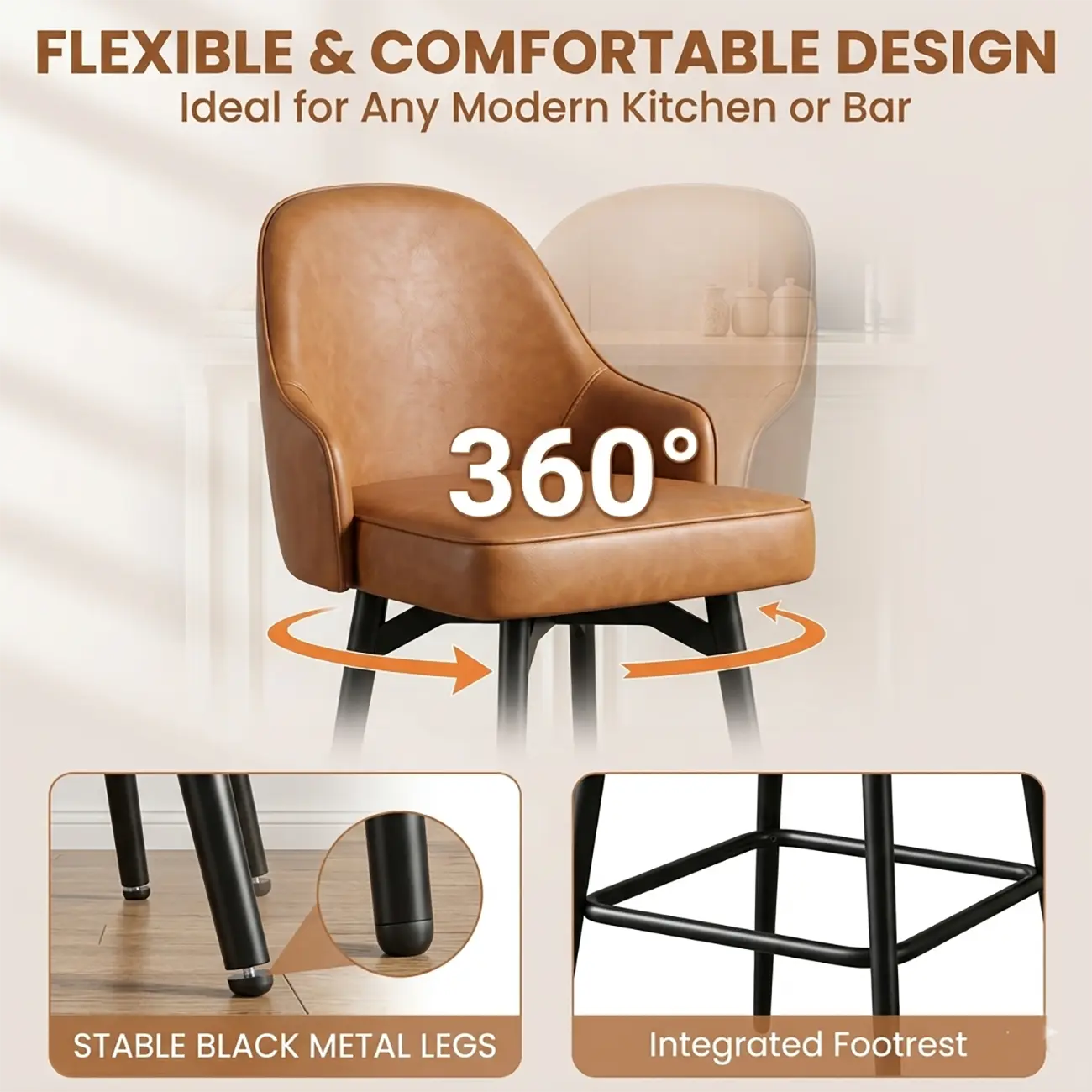 360° Swivel Modern Counter Stool In Faux Leather And Chenille Fabric Image - 5 | homeyfad
