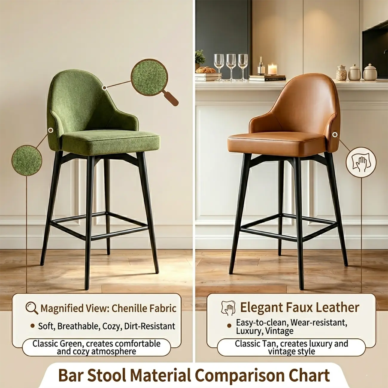 360° Swivel Modern Counter Stool In Faux Leather And Chenille Fabric Image - 6 | homeyfad