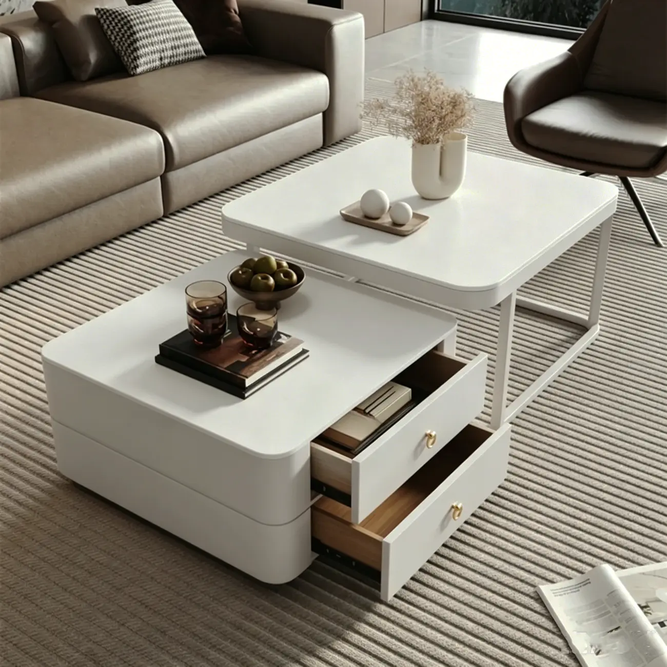 Anti-Scratch Stone Top White Nesting Coffee Table with Storage Image - 3 | homeyfad