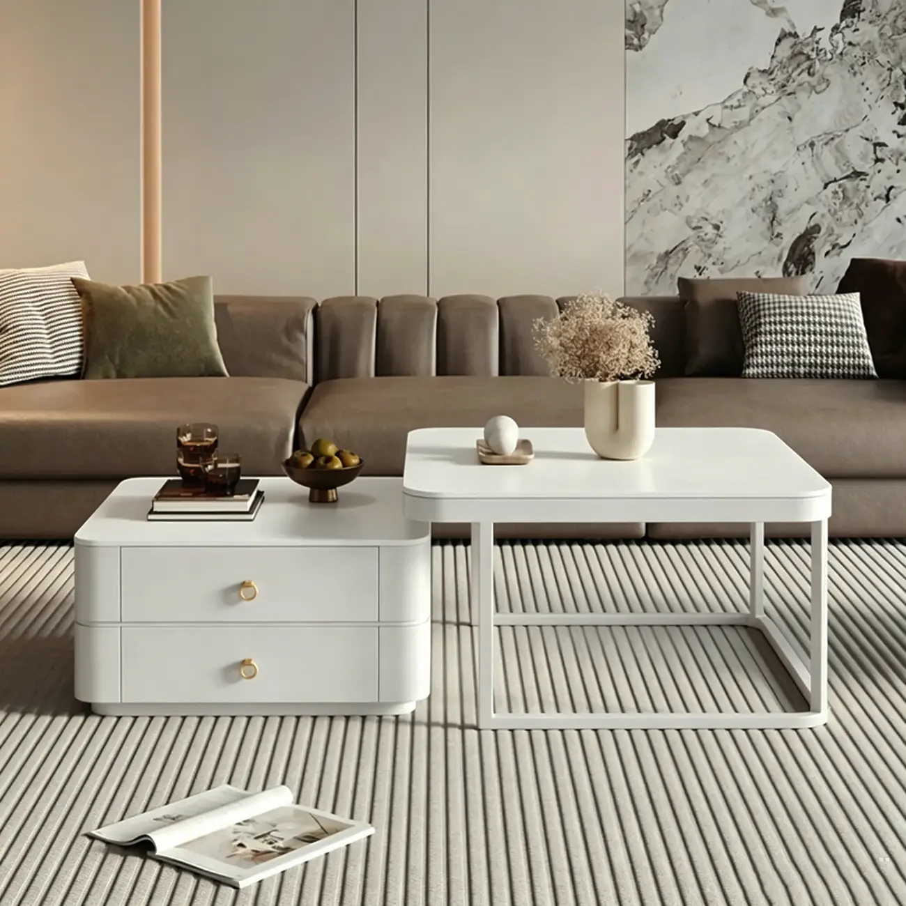 Anti-Scratch Stone Top White Nesting Coffee Table with Storage Image - 1 | homeyfad