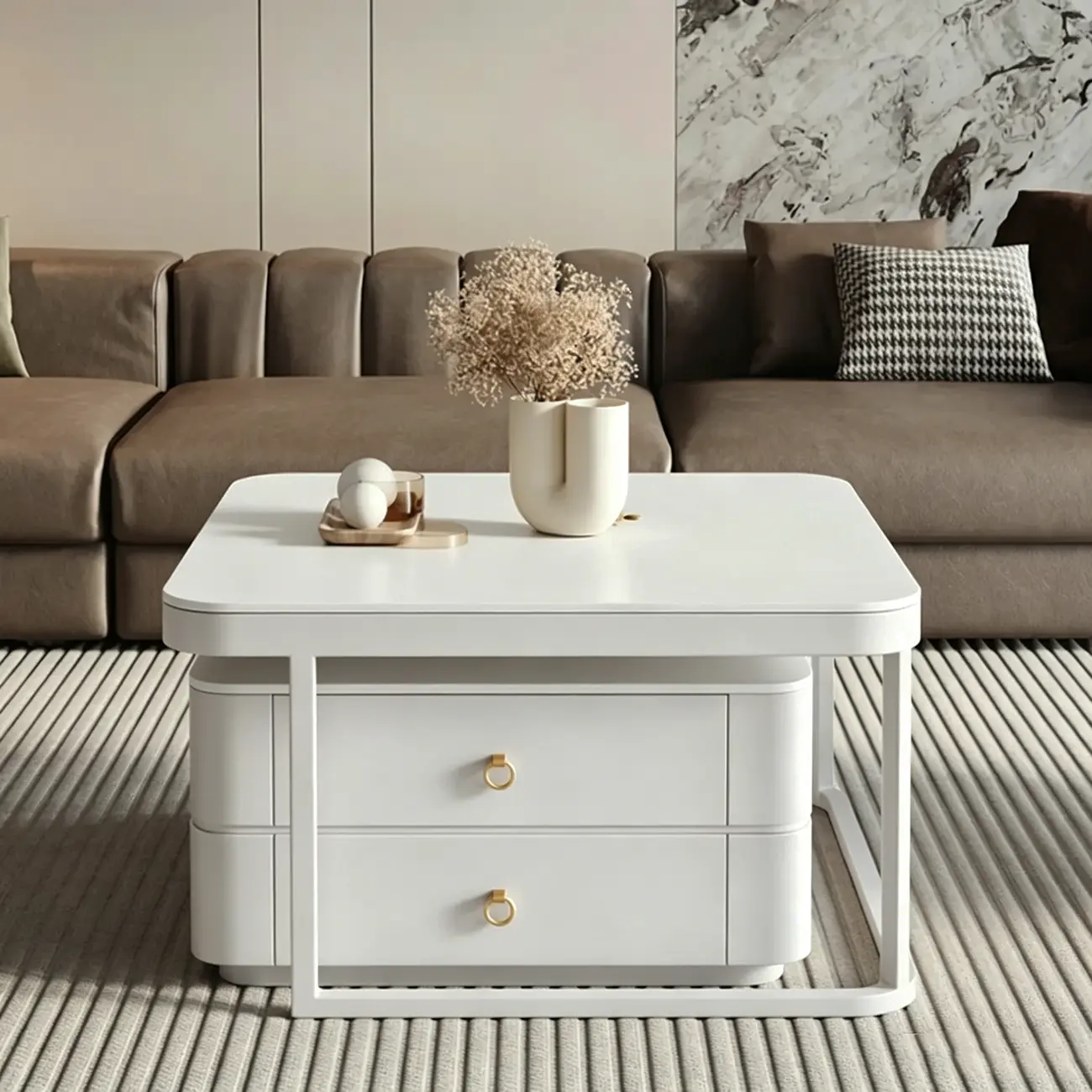 Anti-Scratch Stone Top White Nesting Coffee Table with Storage Image - 2