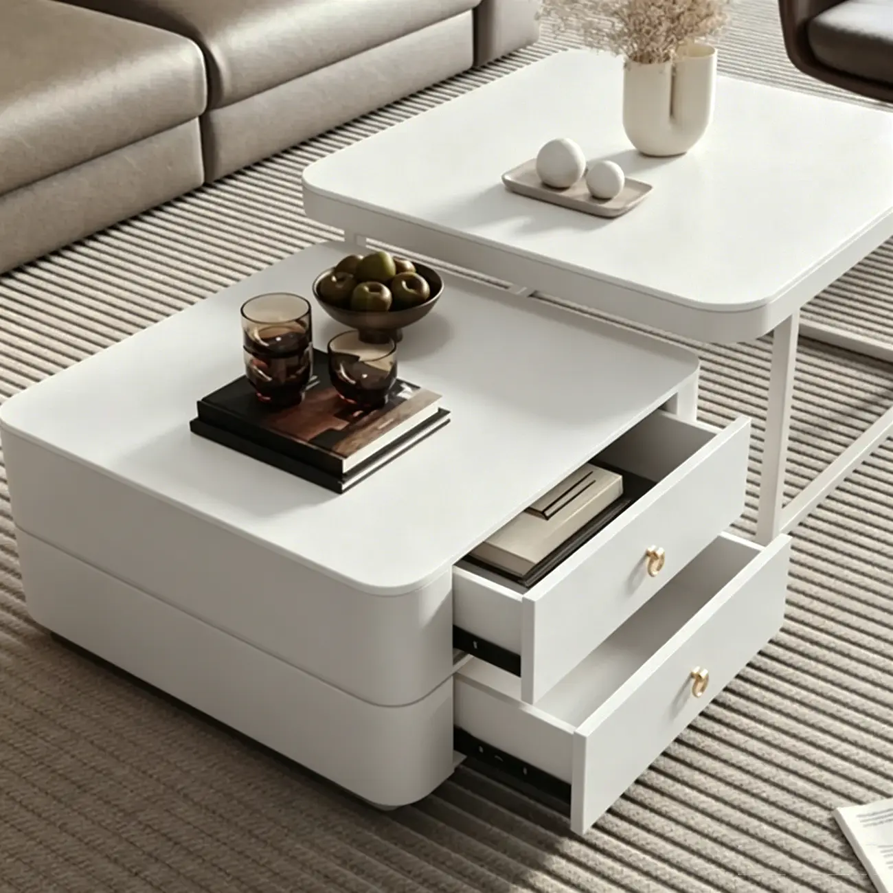 Anti-Scratch Stone Top White Nesting Coffee Table with Storage Image - 4 | homeyfad