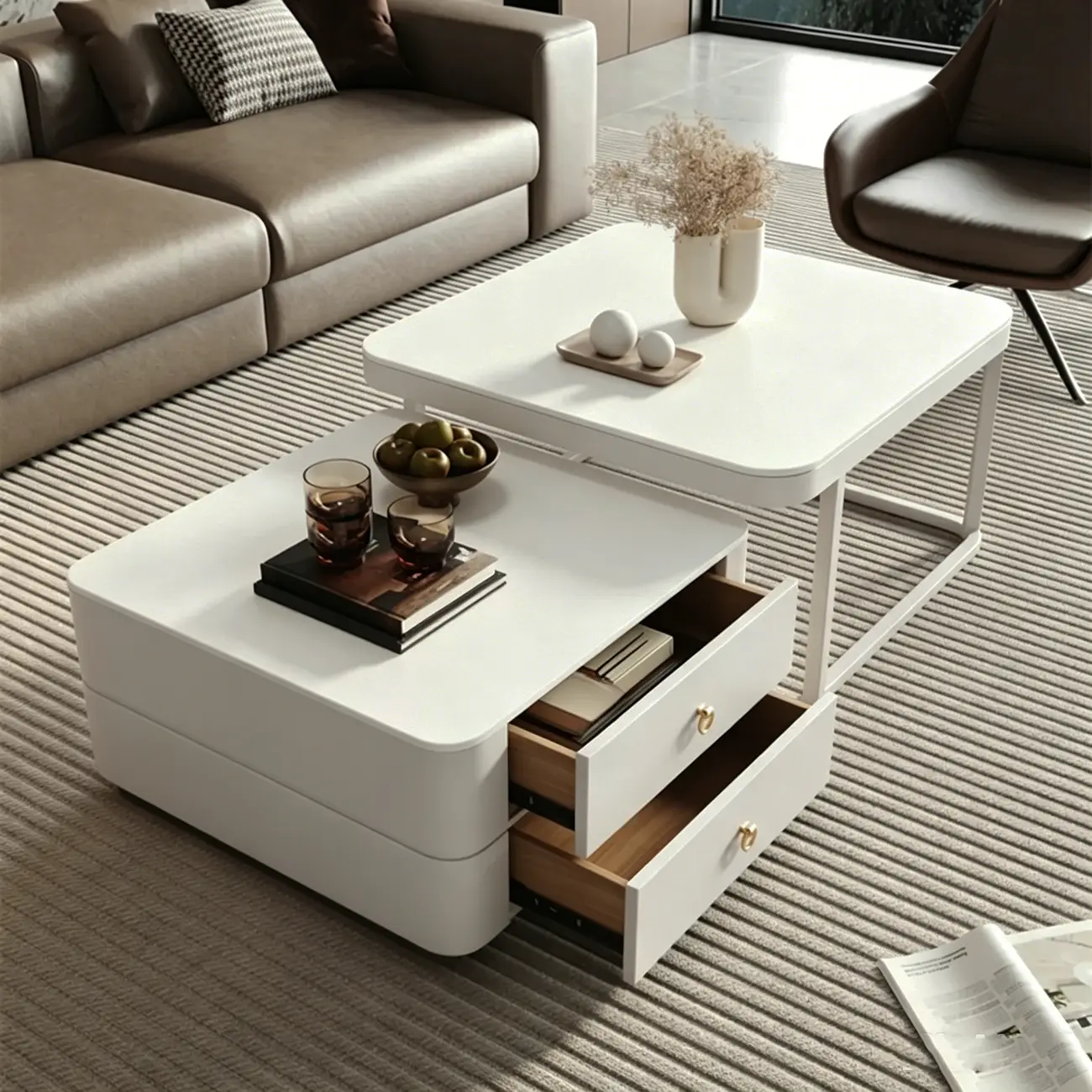 Anti-Scratch Stone Top White Nesting Coffee Table with Storage Image - 5 | homeyfad