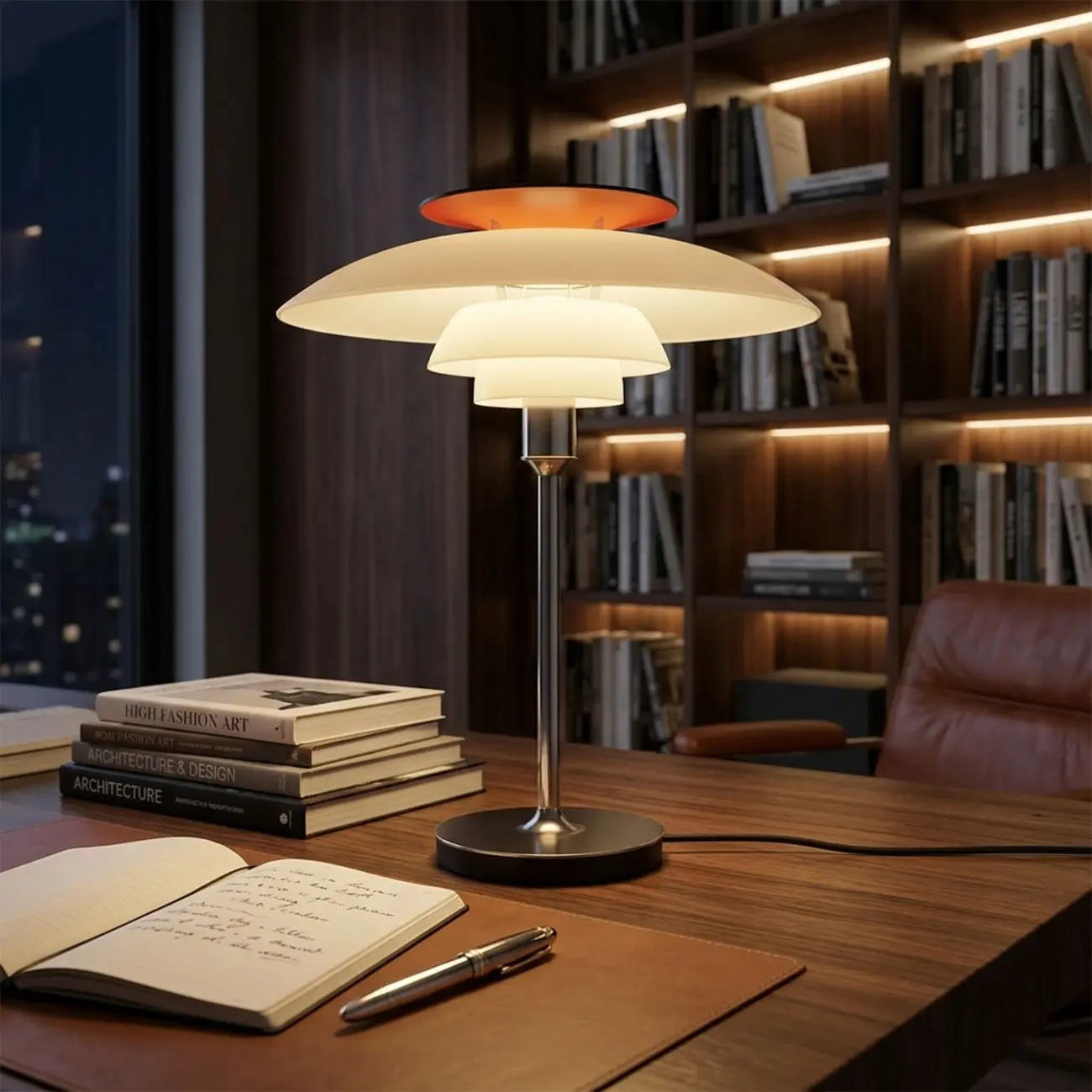 Minimalist White 3-tier Layered Accent Table Lamp With Red-orange Top Image - 2 | homeyfad