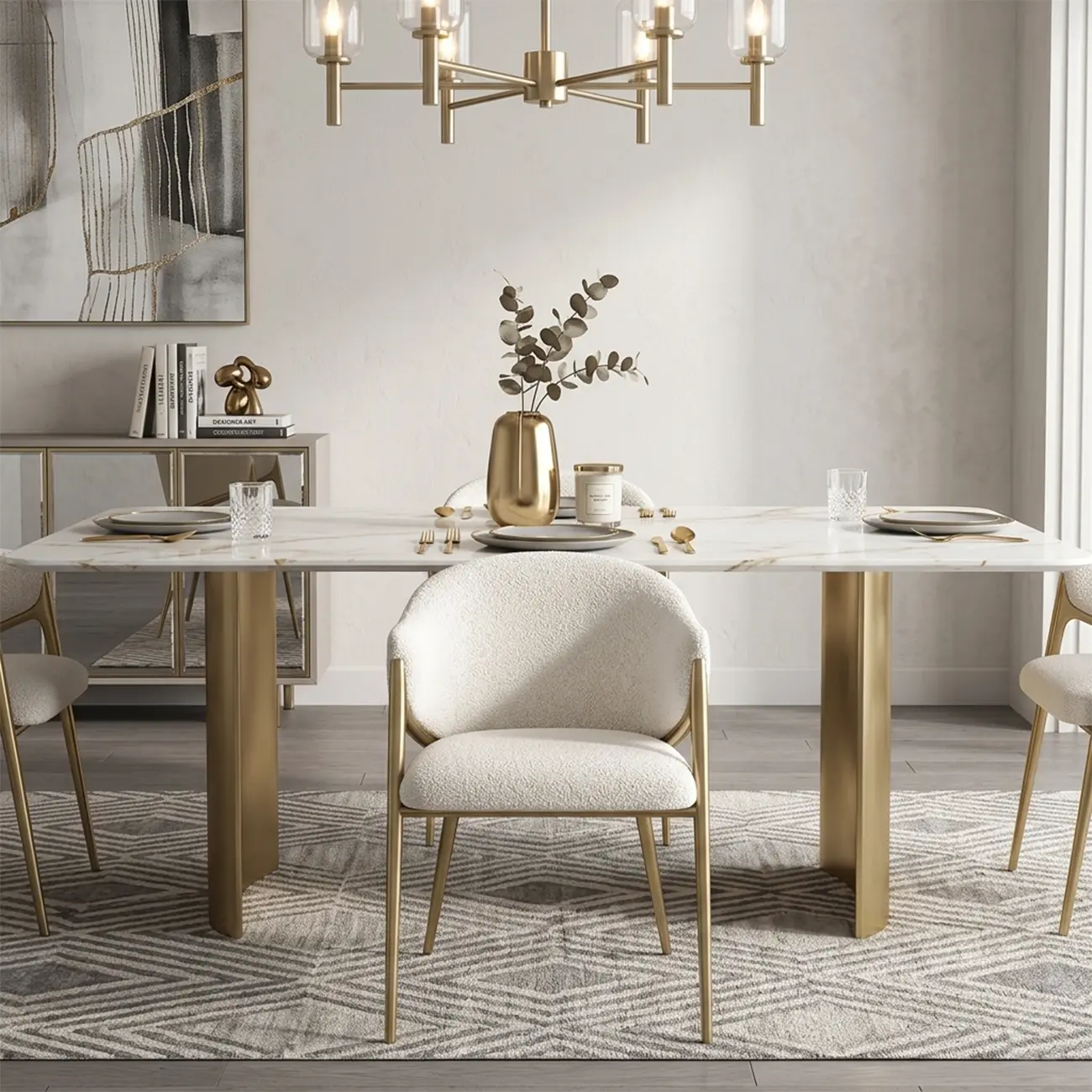 Contemporary Boucle Upholstered Dining Chair With Gold Finish Image - 6 | homeyfad