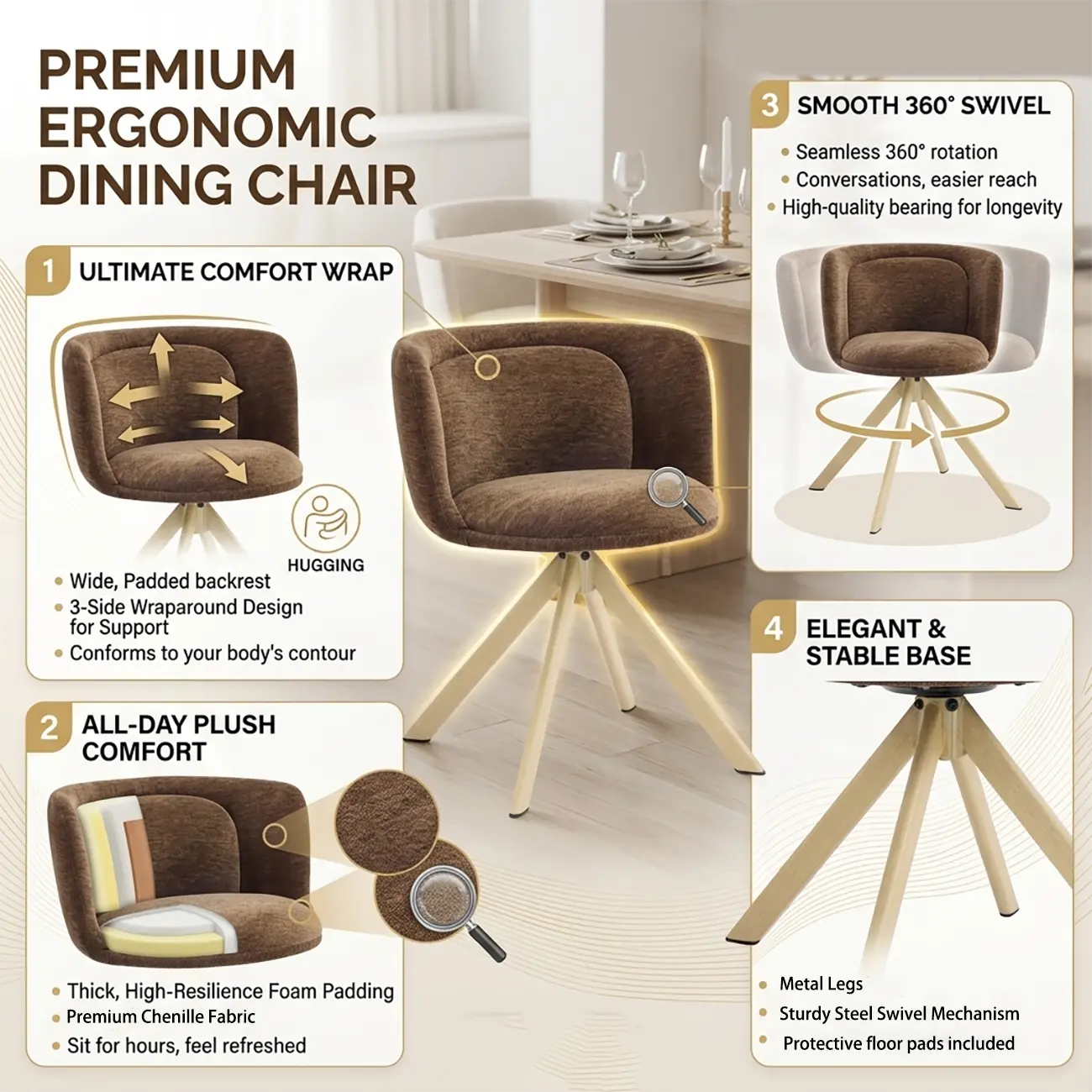 Modern Low Back Chenille Fabric Swivel Dining Chairs Set of 2 Image - 5 | homeyfad