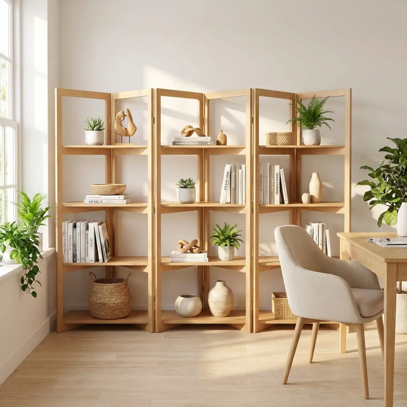 Solid Wood Folding Open Shelf Room Divider Bookcase Image - 9 | homeyfad