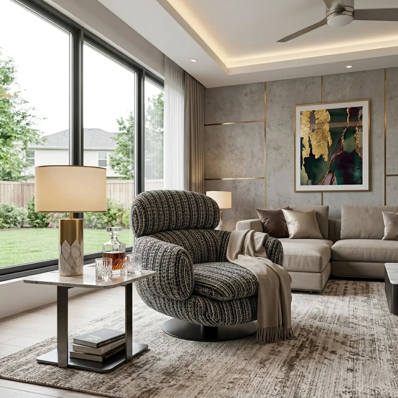Modern Textured Upholstered 360° Swivel Accent Chair with Curved Back Image - 7 | homeyfad