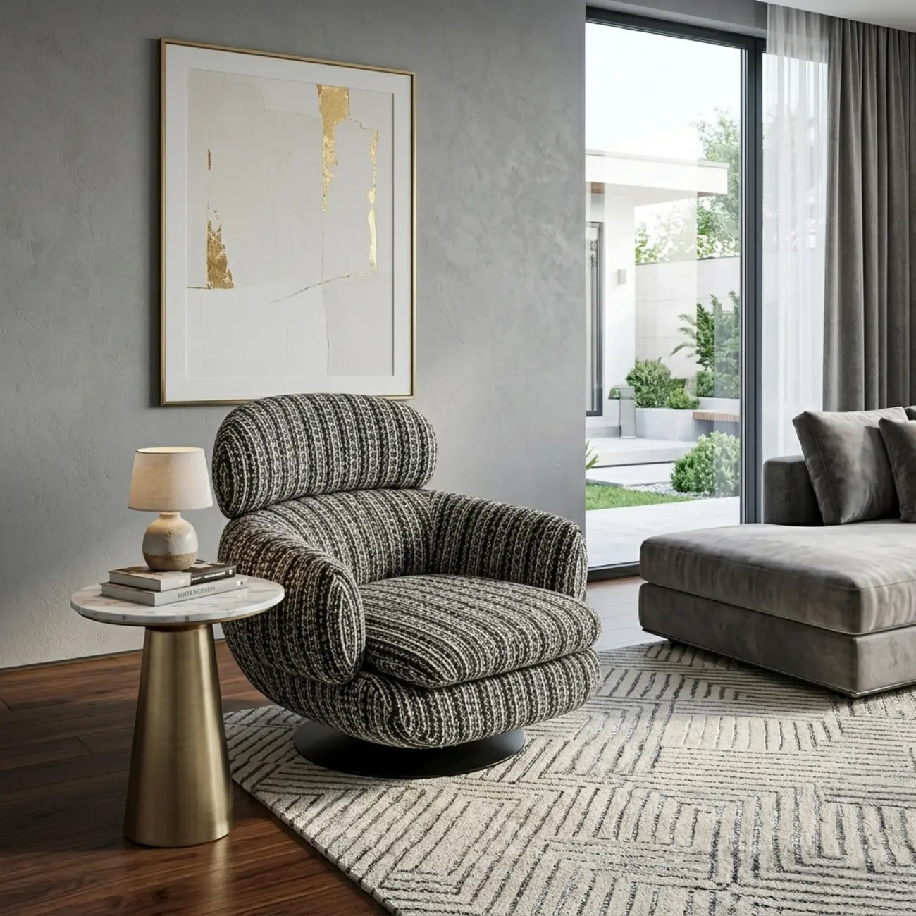 Modern Textured Upholstered 360° Swivel Accent Chair with Curved Back Image - 6 | homeyfad