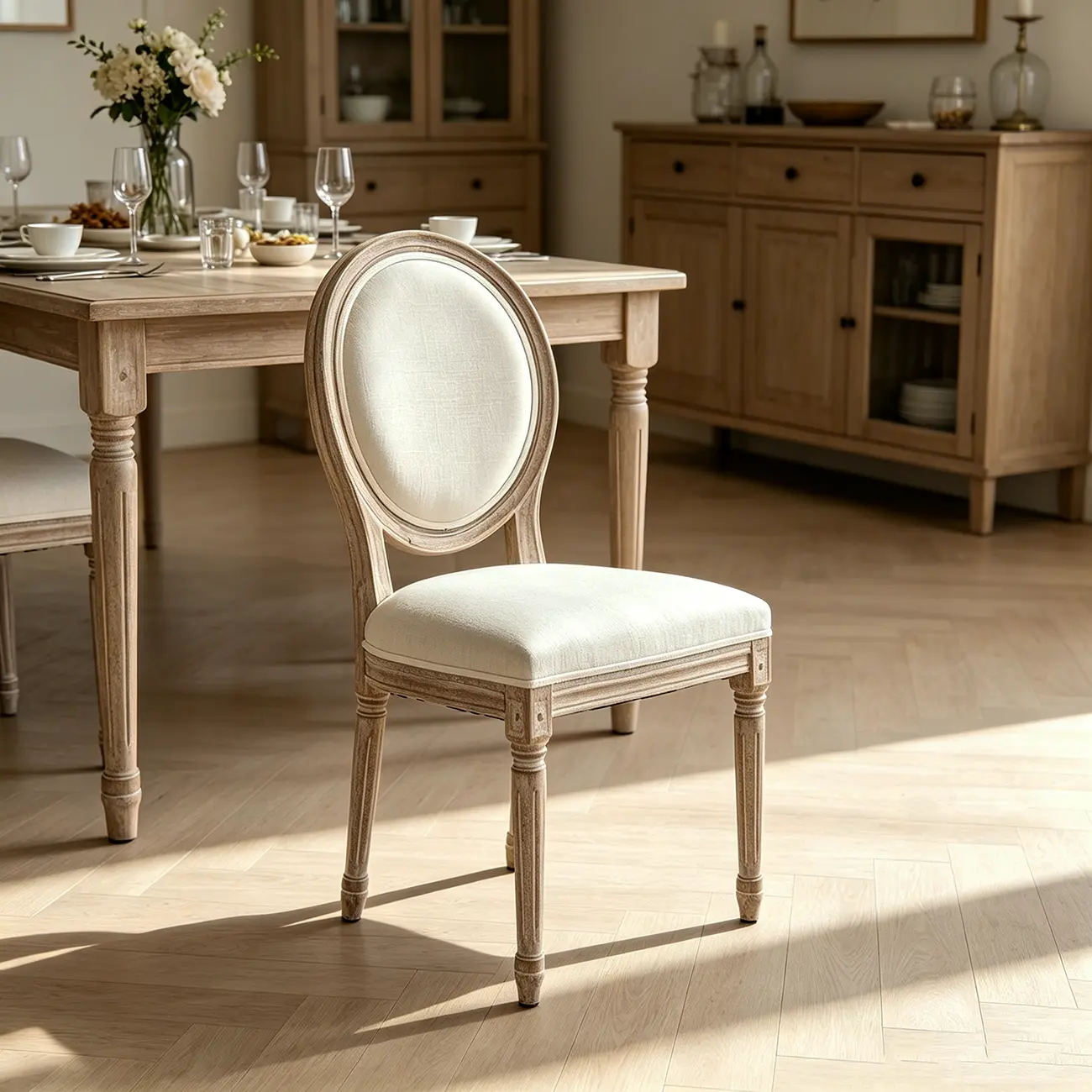 French Country Upholstered Oval Round Back Dining Chairs Solid Wood Image - 1 | homeyfad