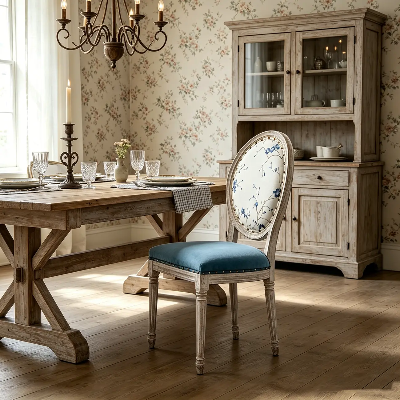 French Country Upholstered Oval Round Back Dining Chairs Solid Wood Image - 5 | homeyfad