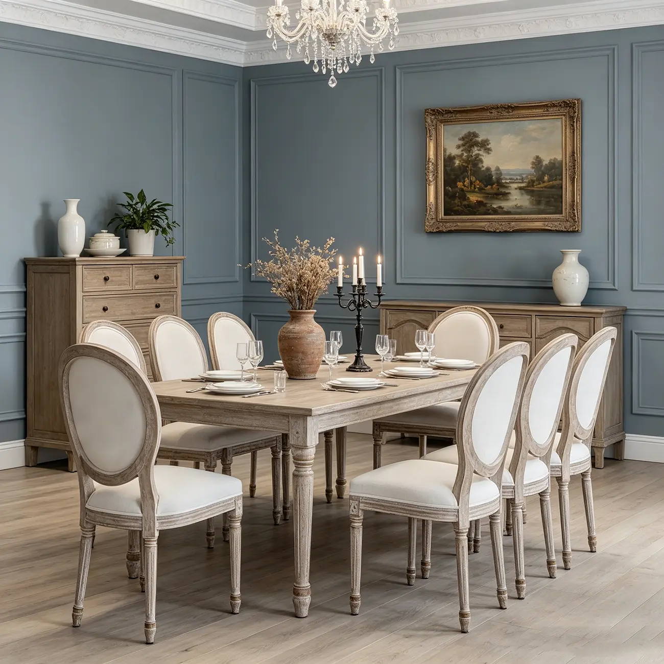 French Country Upholstered Oval Round Back Dining Chairs Solid Wood Image - 2 | homeyfad