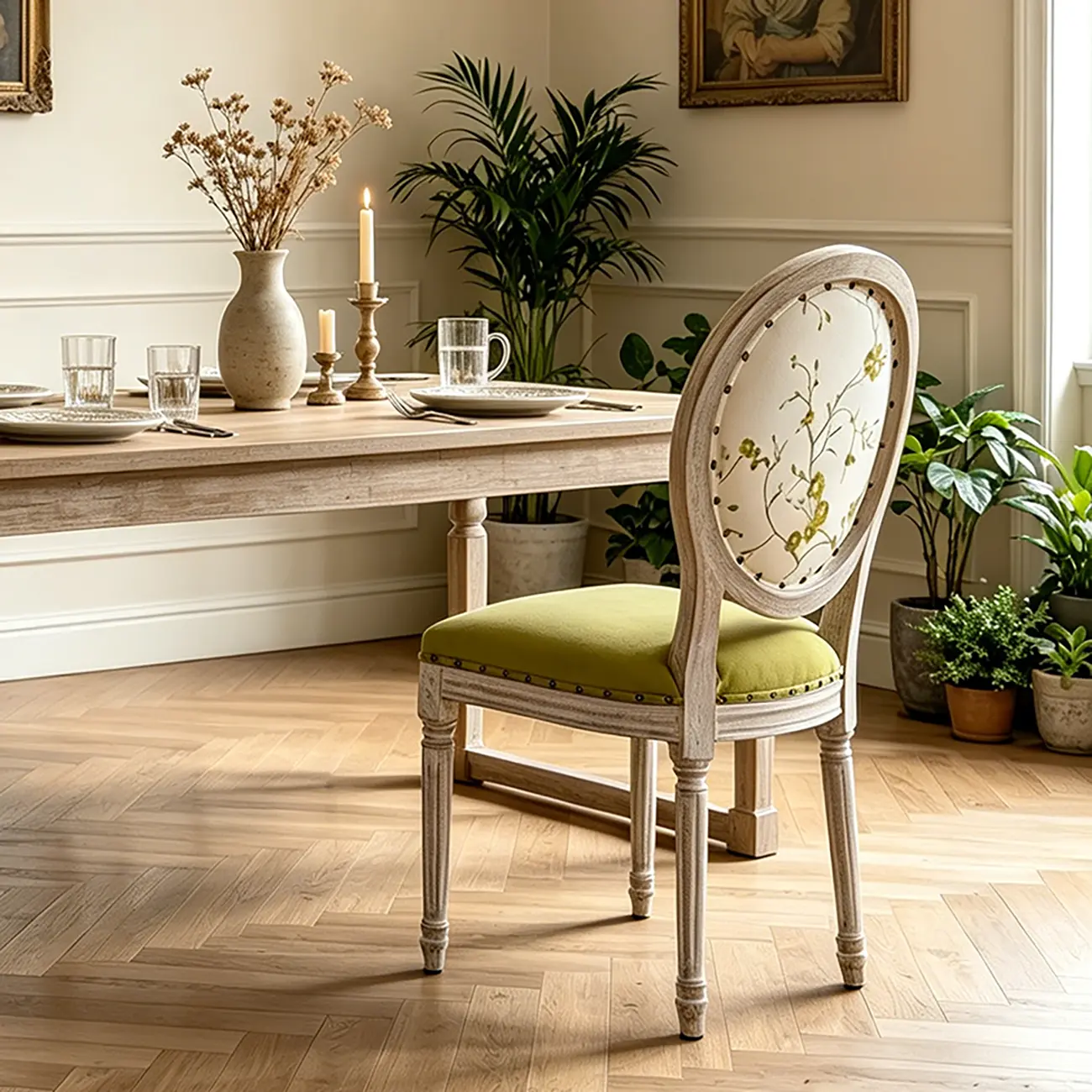 French Country Upholstered Oval Round Back Dining Chairs Solid Wood Image - 6 | homeyfad