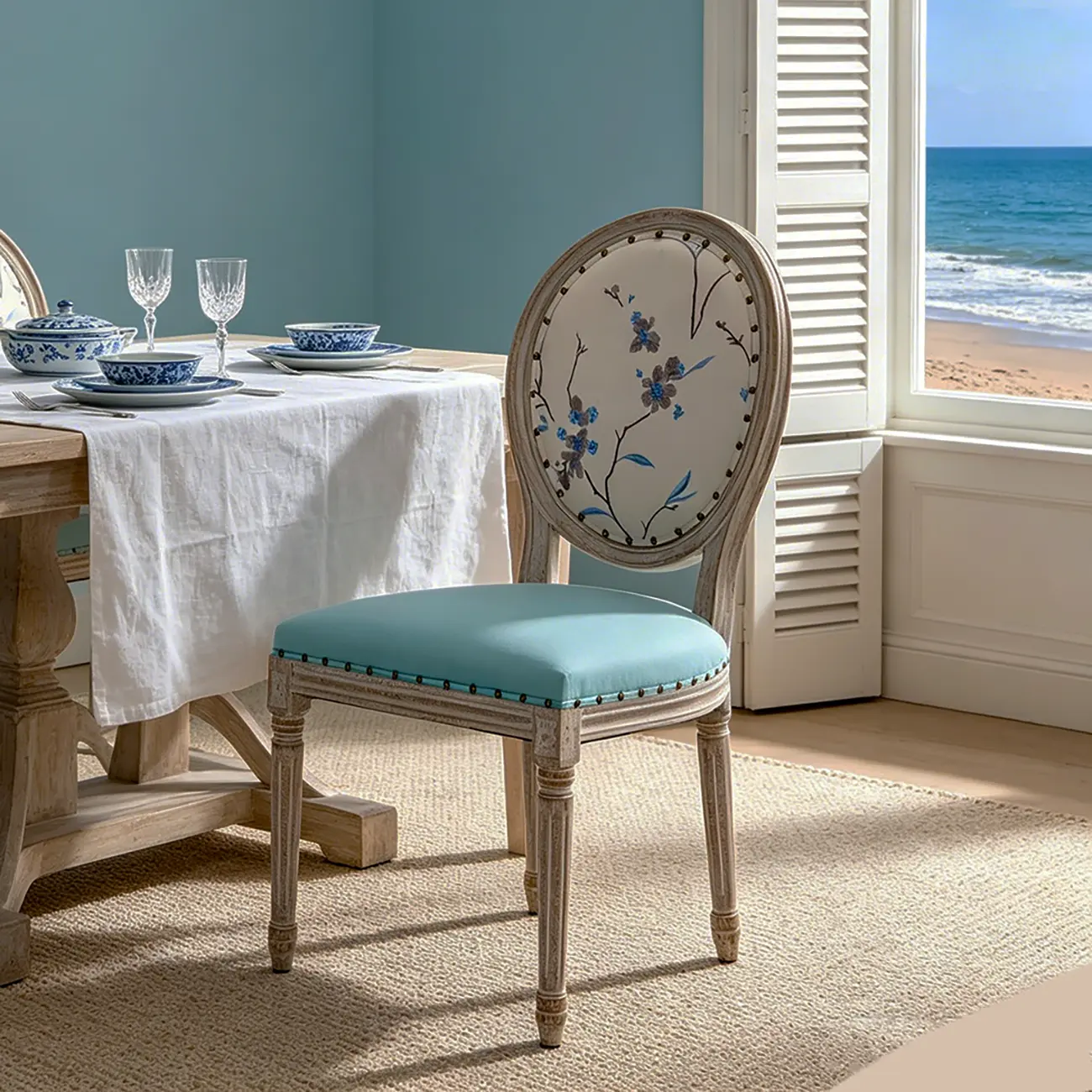 French Country Upholstered Oval Round Back Dining Chairs Solid Wood Image - 7 | homeyfad