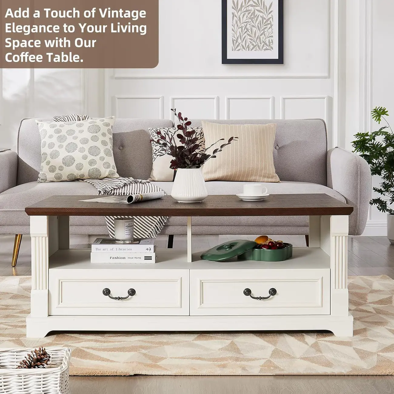 47" Living Room Farmhouse Wood Coffee Table with 4 Storage Drawers Image - 8 | homeyfad