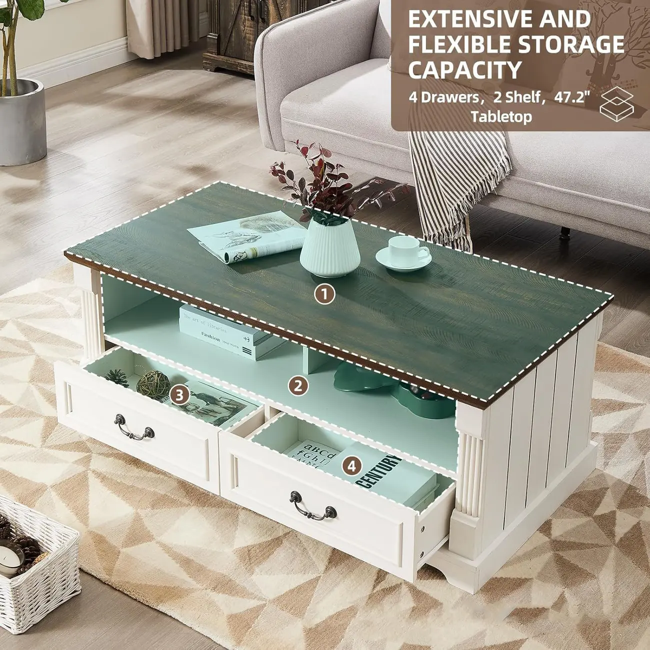 47" Living Room Farmhouse Wood Coffee Table with 4 Storage Drawers Image - 2 | homeyfad