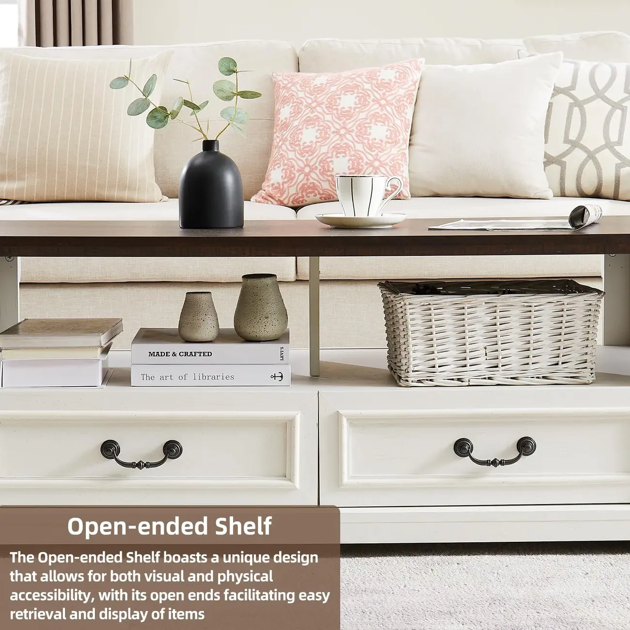 47" Living Room Farmhouse Wood Coffee Table with 4 Storage Drawers Image - 6 | homeyfad