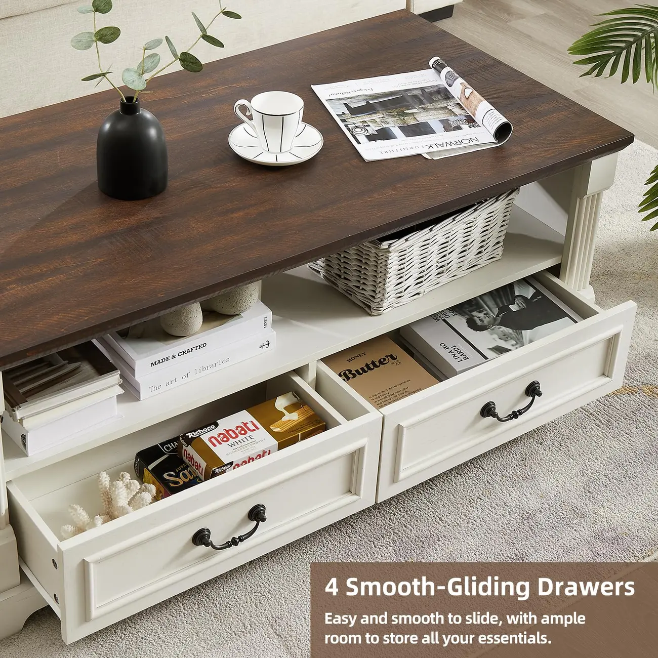 47" Living Room Farmhouse Wood Coffee Table with 4 Storage Drawers Image - 7 | homeyfad