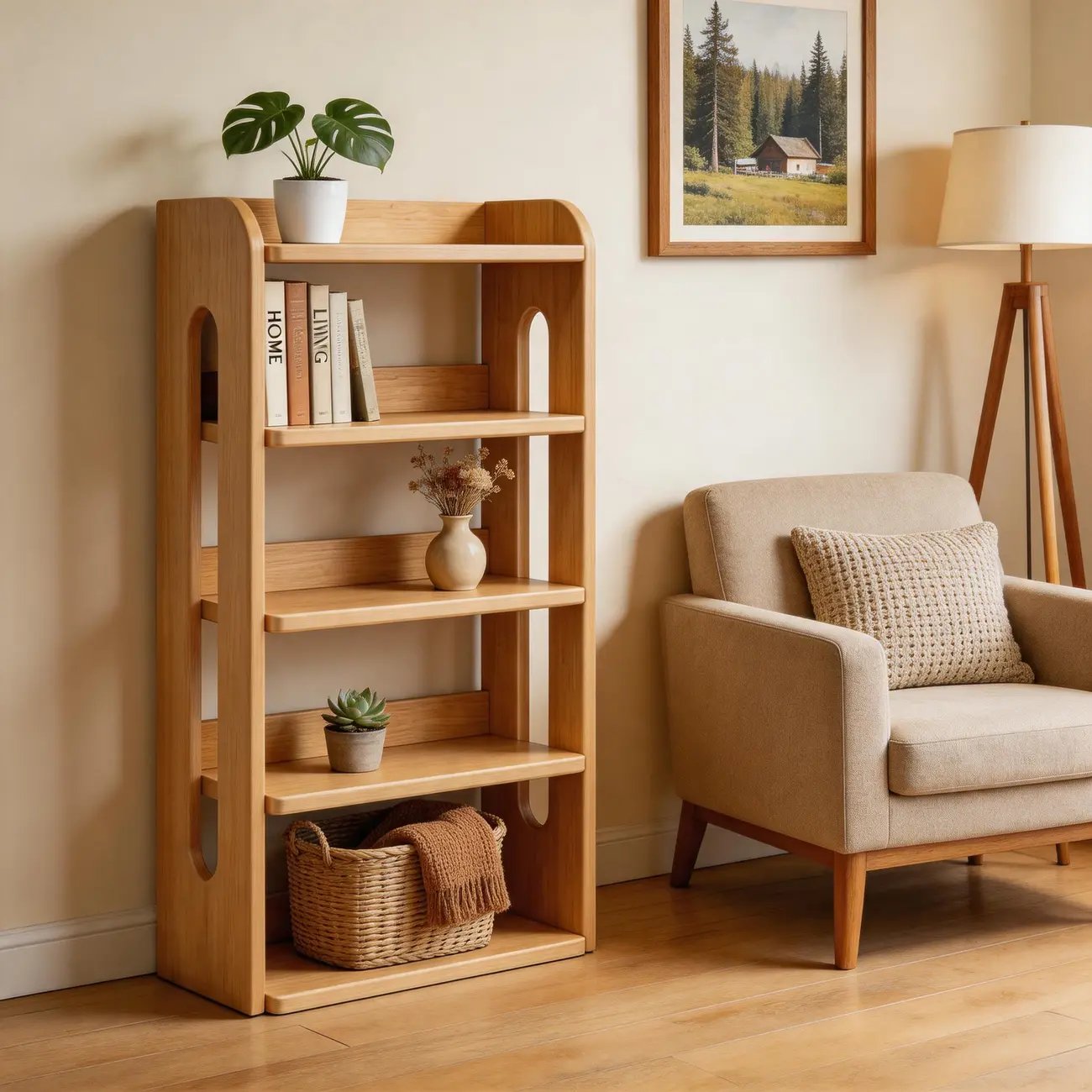 Natural Finish Solid Wood Freestanding Storage Bookcase Image - 1