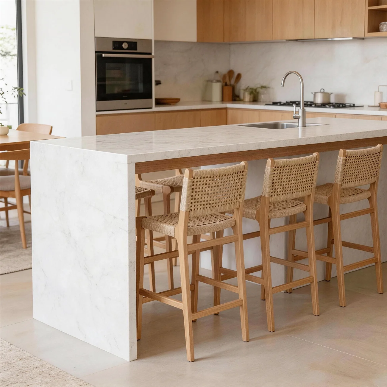 Scandinavian Solid Wood Counter Stool Woven Cord Backrest Image - 6 | homeyfad