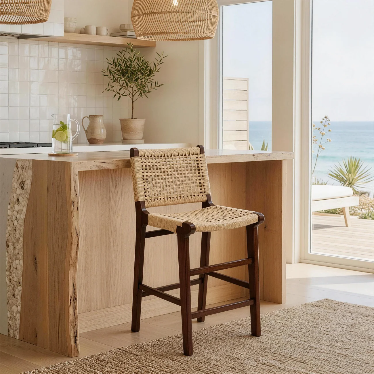 Scandinavian Solid Wood Counter Stool Woven Cord Backrest Image - 8 | homeyfad