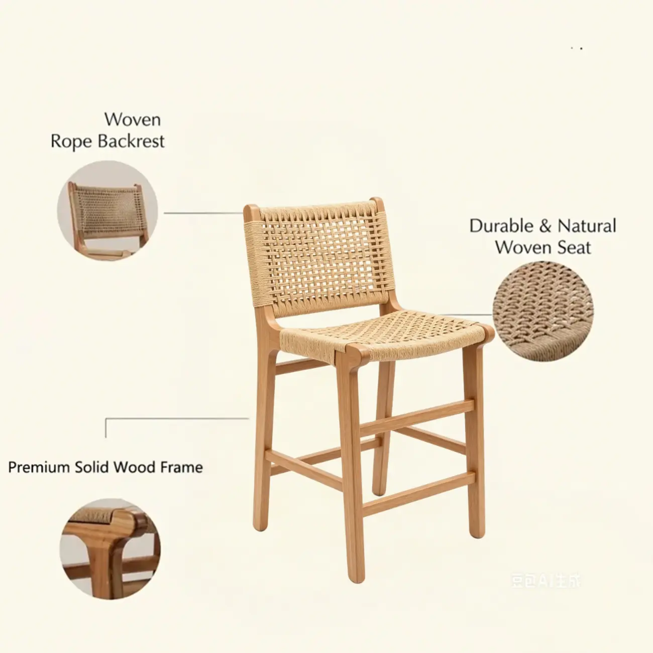 Scandinavian Solid Wood Counter Stool Woven Cord Backrest Image - 5 | homeyfad