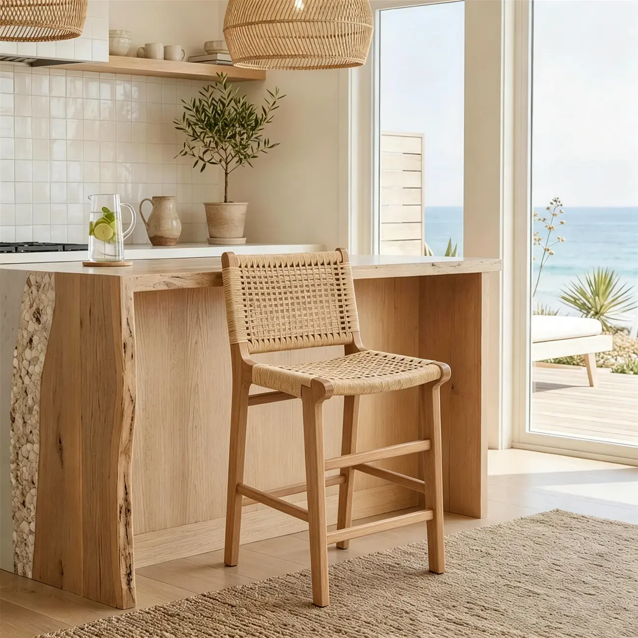 Scandinavian Solid Wood Counter Stool Woven Cord Backrest Image - 9 | homeyfad