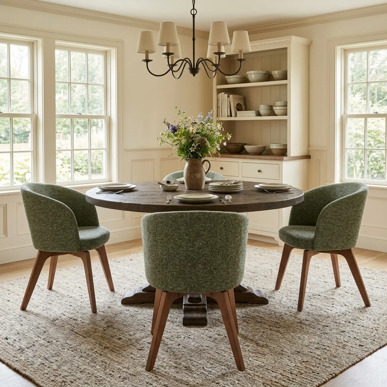 French Country Linen Upholstered Swivel Barrel Dining Chair Image - 4 | homeyfad