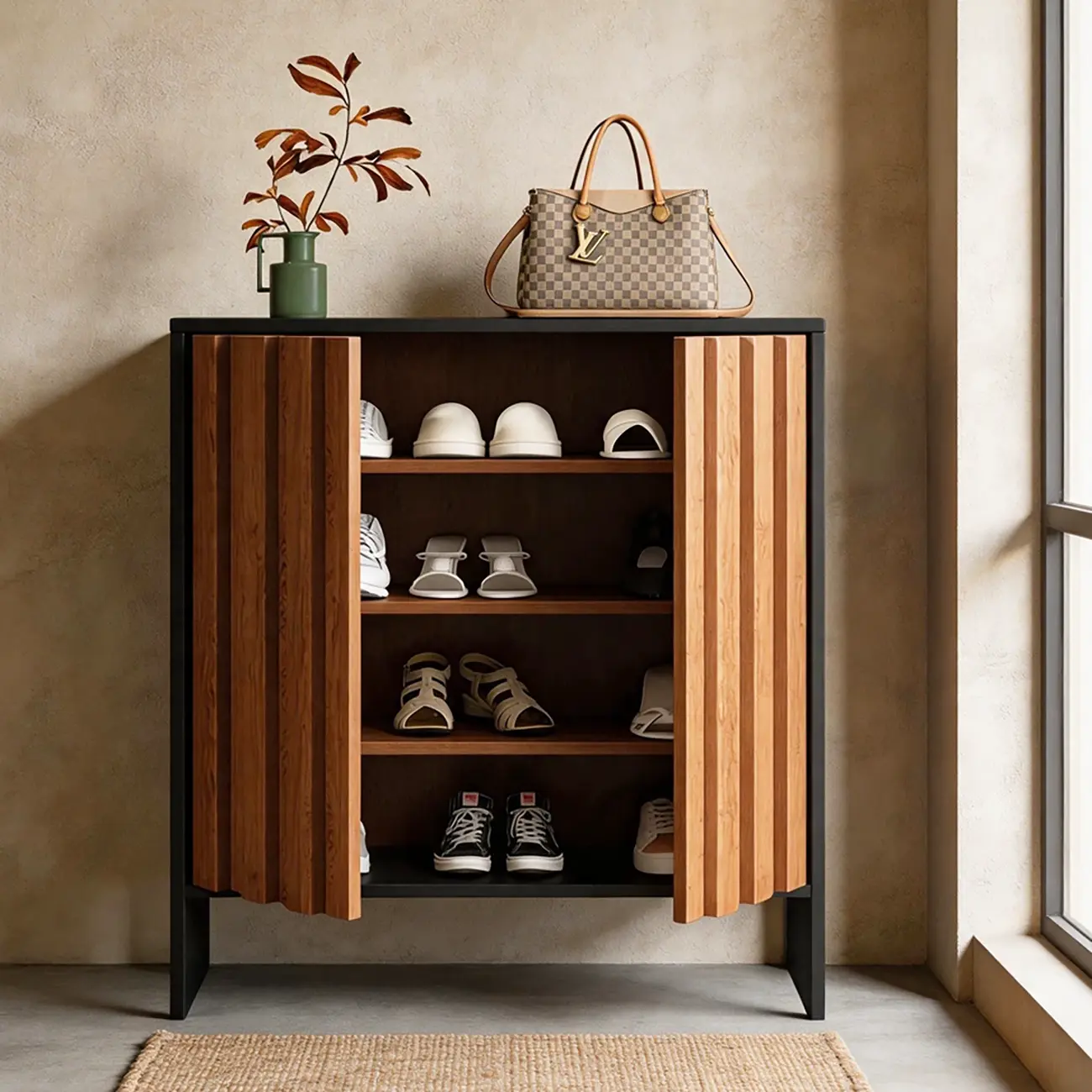 Multi-functional Fluted Storage Cabinet With Adjustable Shelves Image - 2 | homeyfad