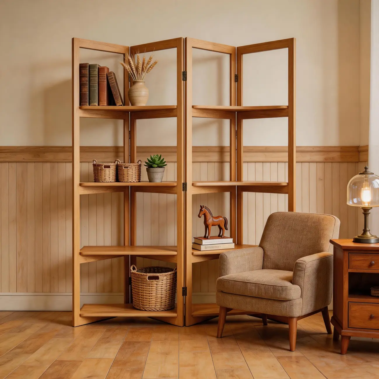 Solid Wood Folding Open Shelf Room Divider Bookcase Image - 5 | homeyfad