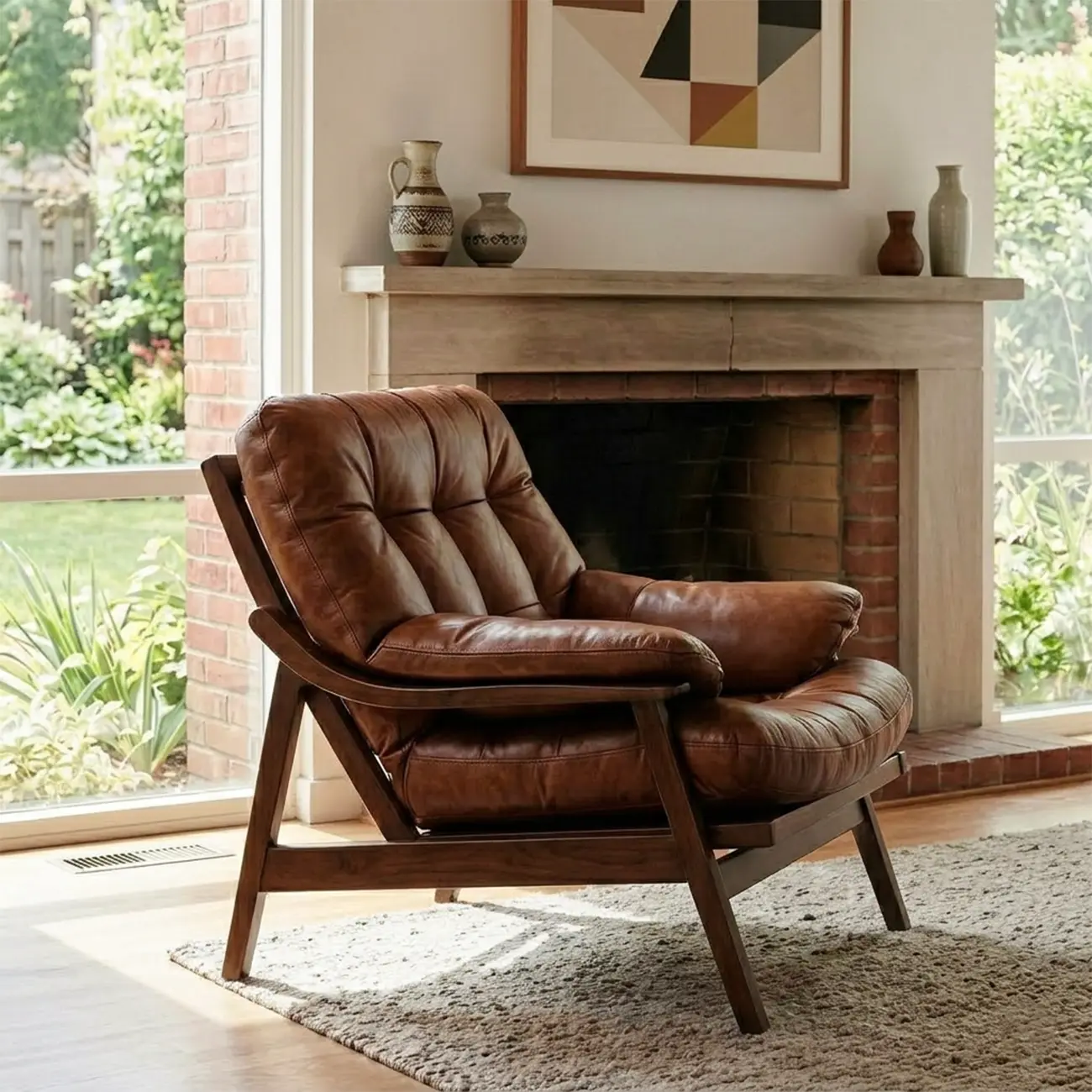 Mid-Century Modern Button-Tufted Leather Accent Chair Image - 2 | homeyfad