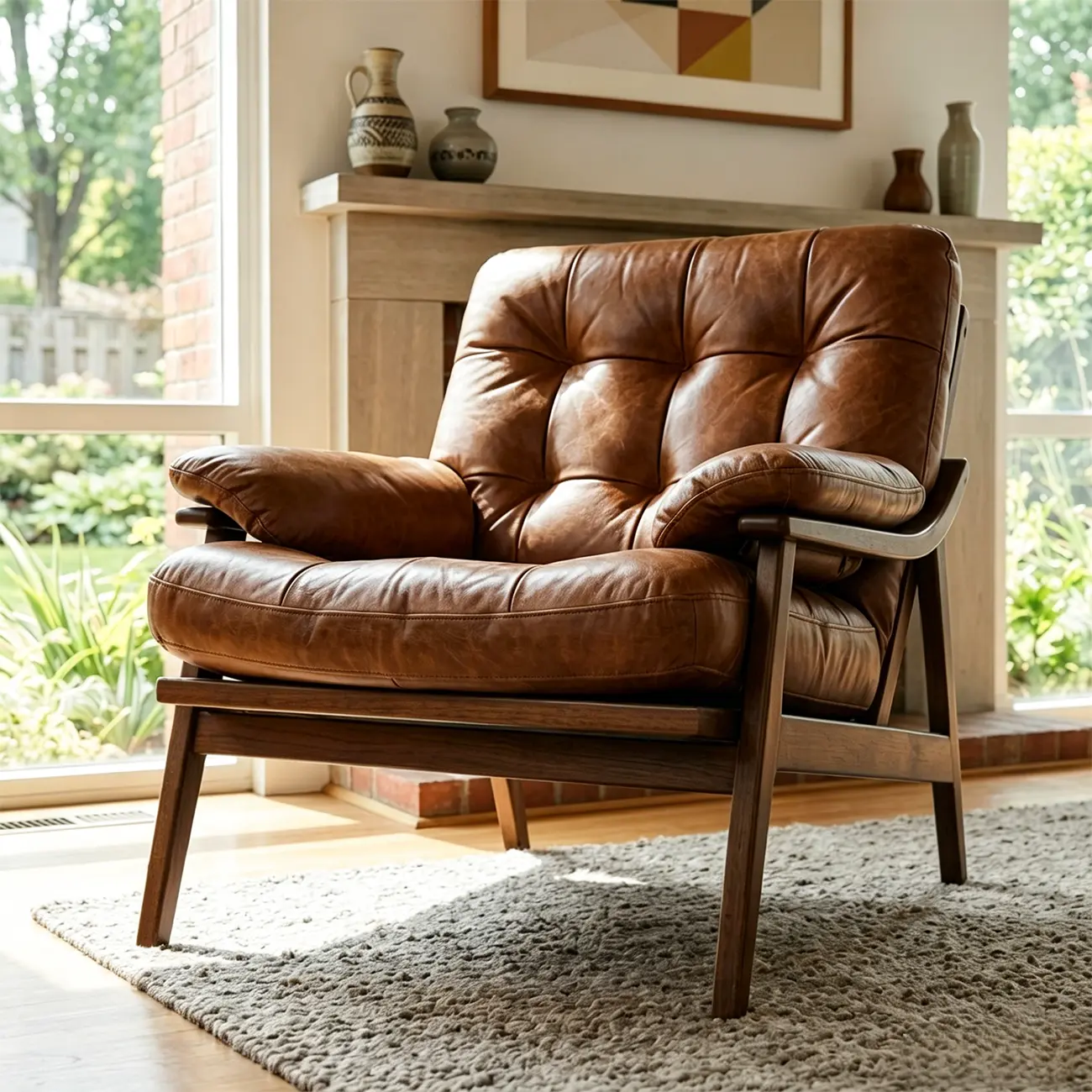 Mid-Century Modern Button-Tufted Leather Accent Chair Image - 3 | homeyfad
