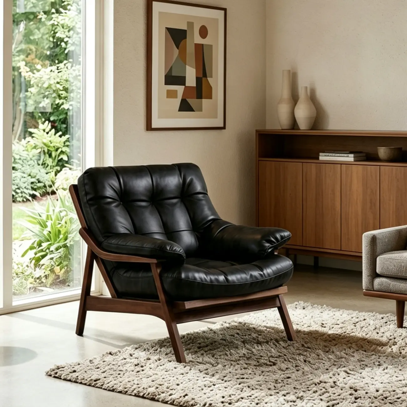 Mid-Century Modern Button-Tufted Leather Accent Chair Image - 5 | homeyfad