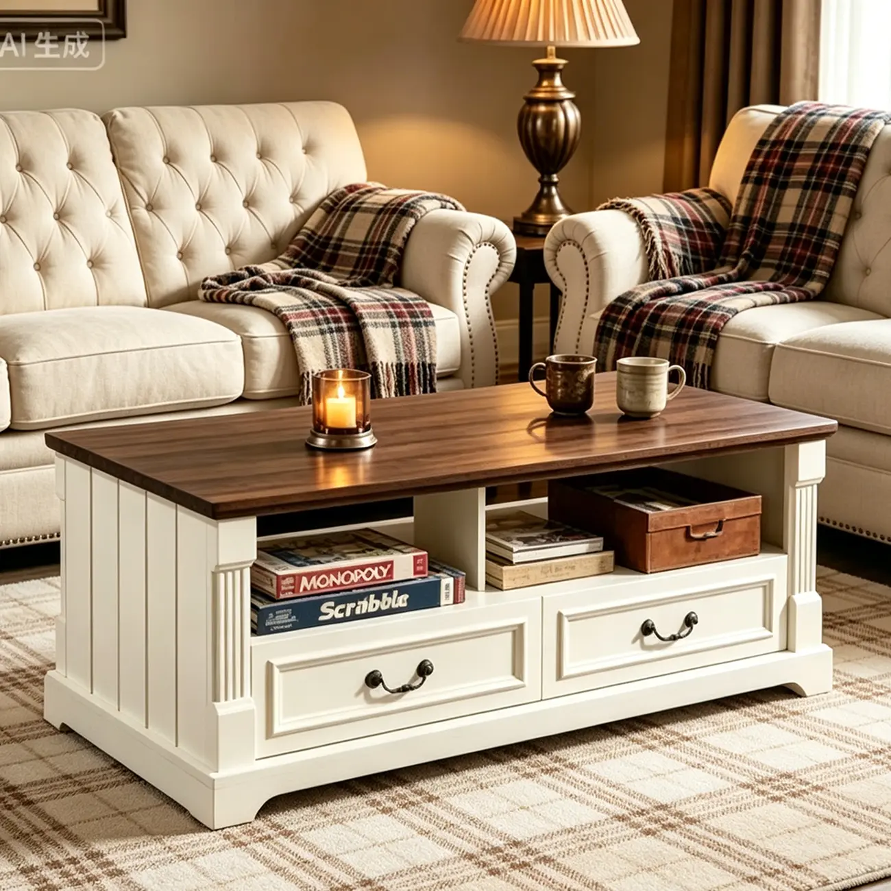 47" Living Room Farmhouse Wood Coffee Table with 4 Storage Drawers Image - 3 | homeyfad
