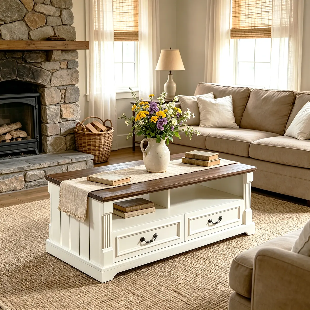 47" Living Room Farmhouse Wood Coffee Table with 4 Storage Drawers Image - 1 | homeyfad