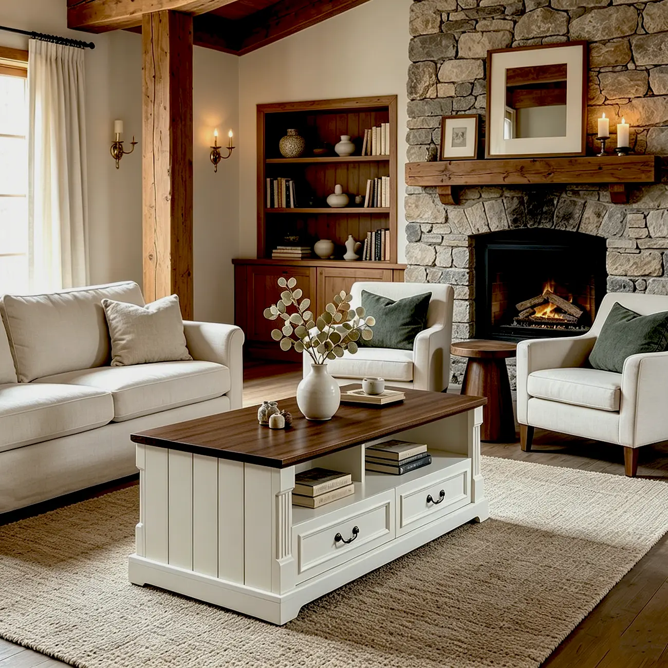47" Living Room Farmhouse Wood Coffee Table with 4 Storage Drawers Image - 4 | homeyfad