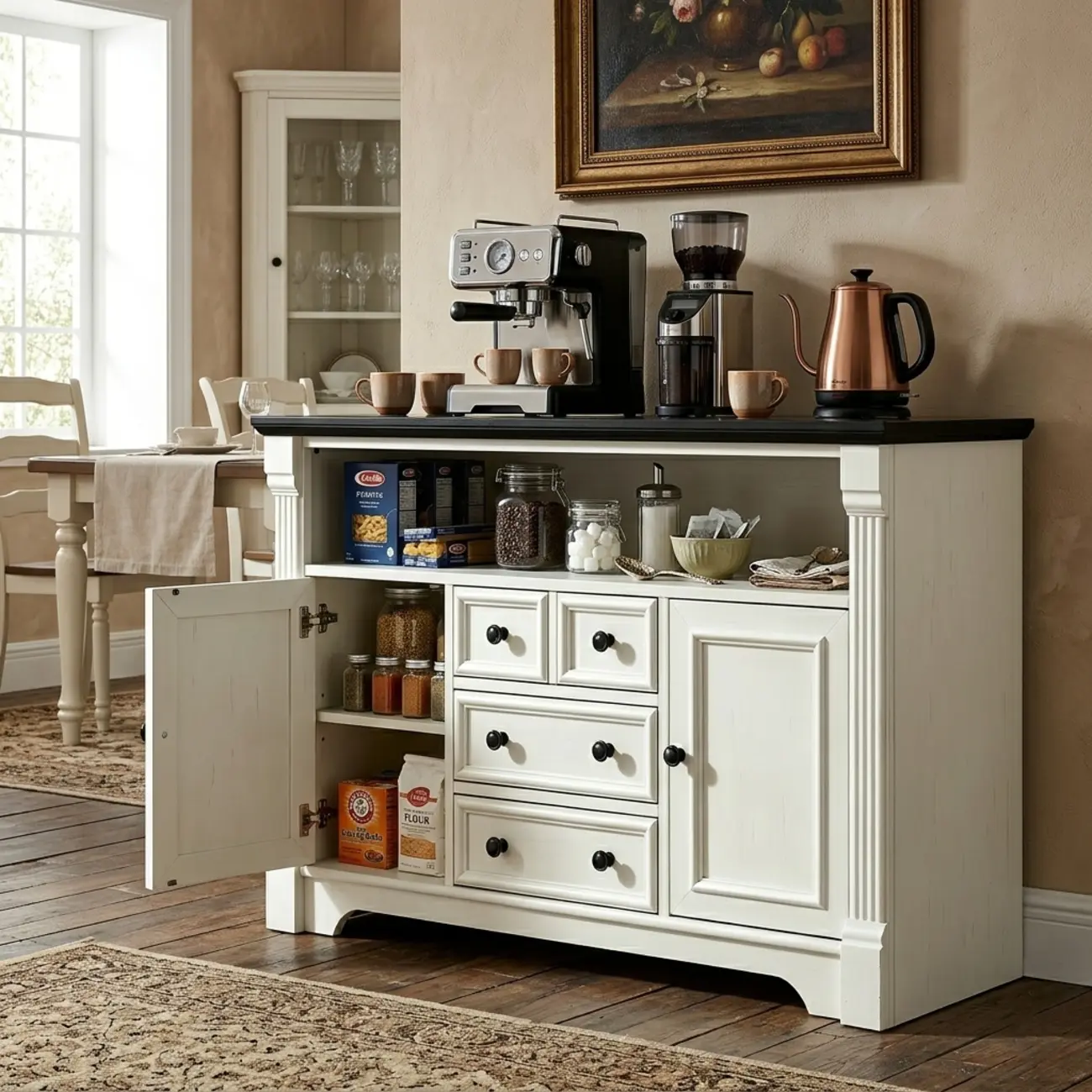 Traditional Black-top Cream White Buffet Sideboard With Drawers Image - 4 | homeyfad