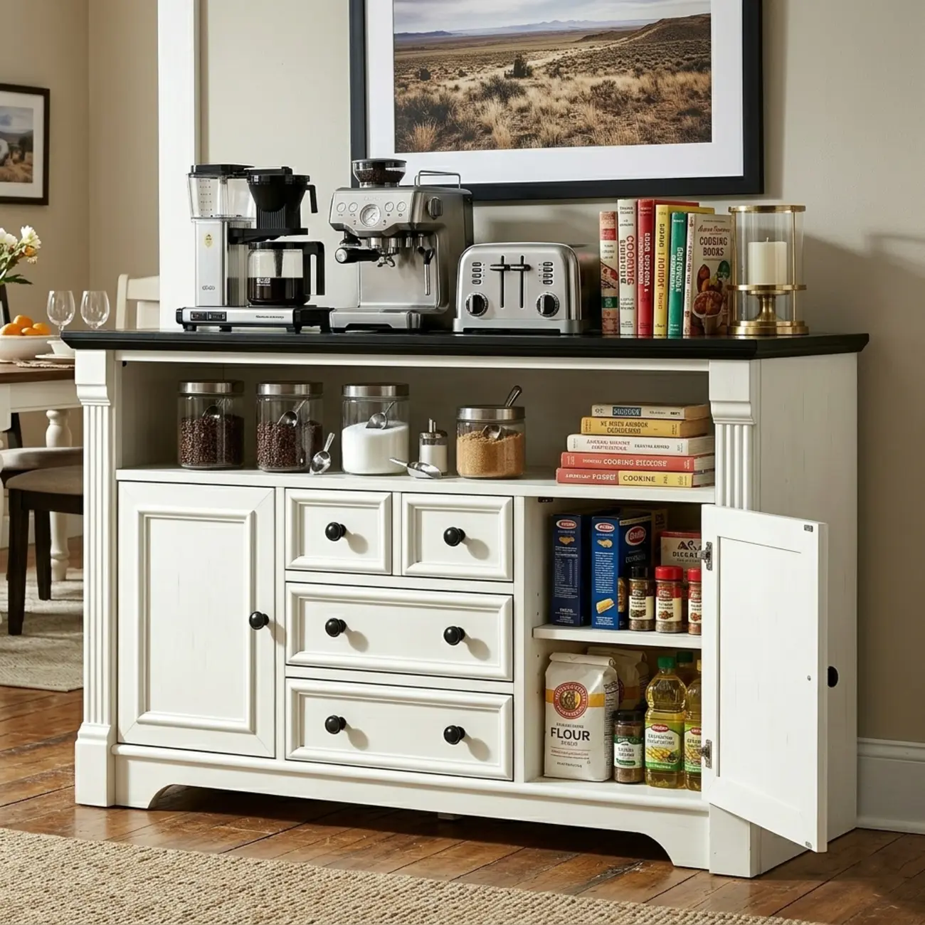 Traditional Black-top Cream White Buffet Sideboard With Drawers Image - 5 | homeyfad