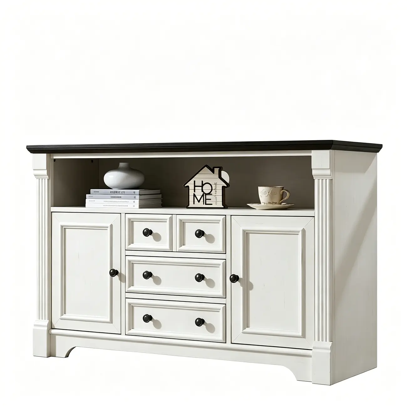 Traditional Black-top Cream White Buffet Sideboard With Drawers Image - 7 | homeyfad