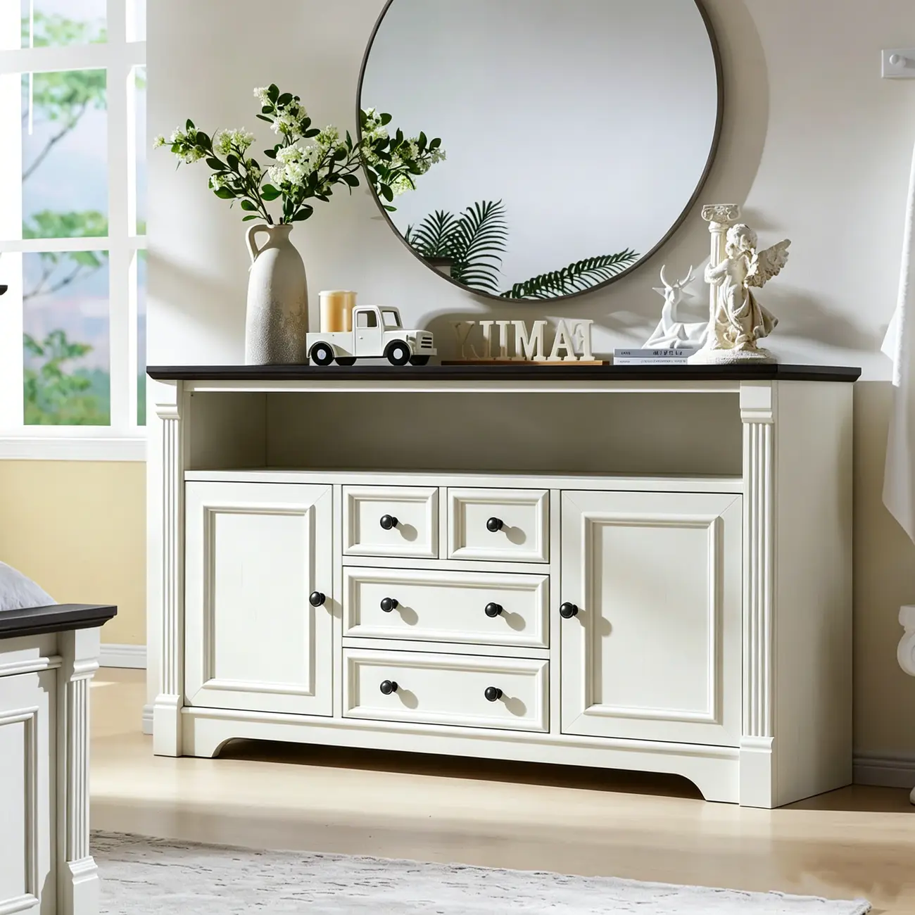 Traditional Black-top Cream White Buffet Sideboard With Drawers Image - 3 | homeyfad