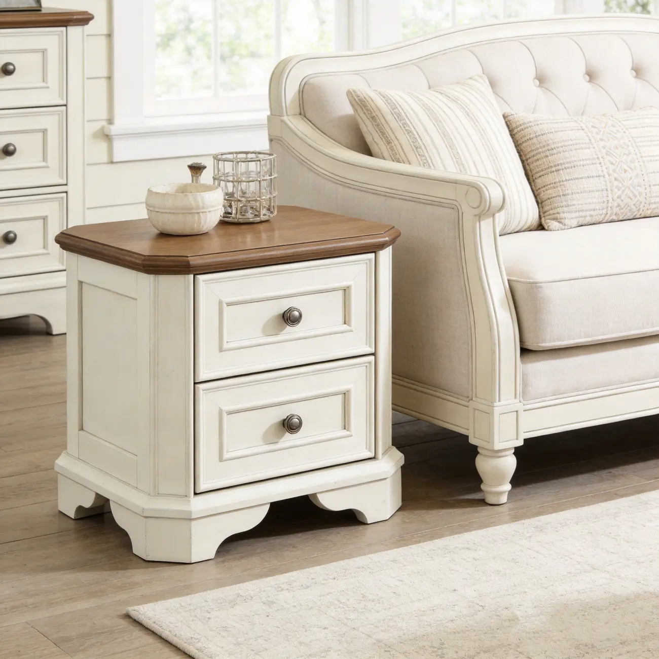 Traditional Farmhouse White End Table with 2 Drawers Image - 1 | homeyfad