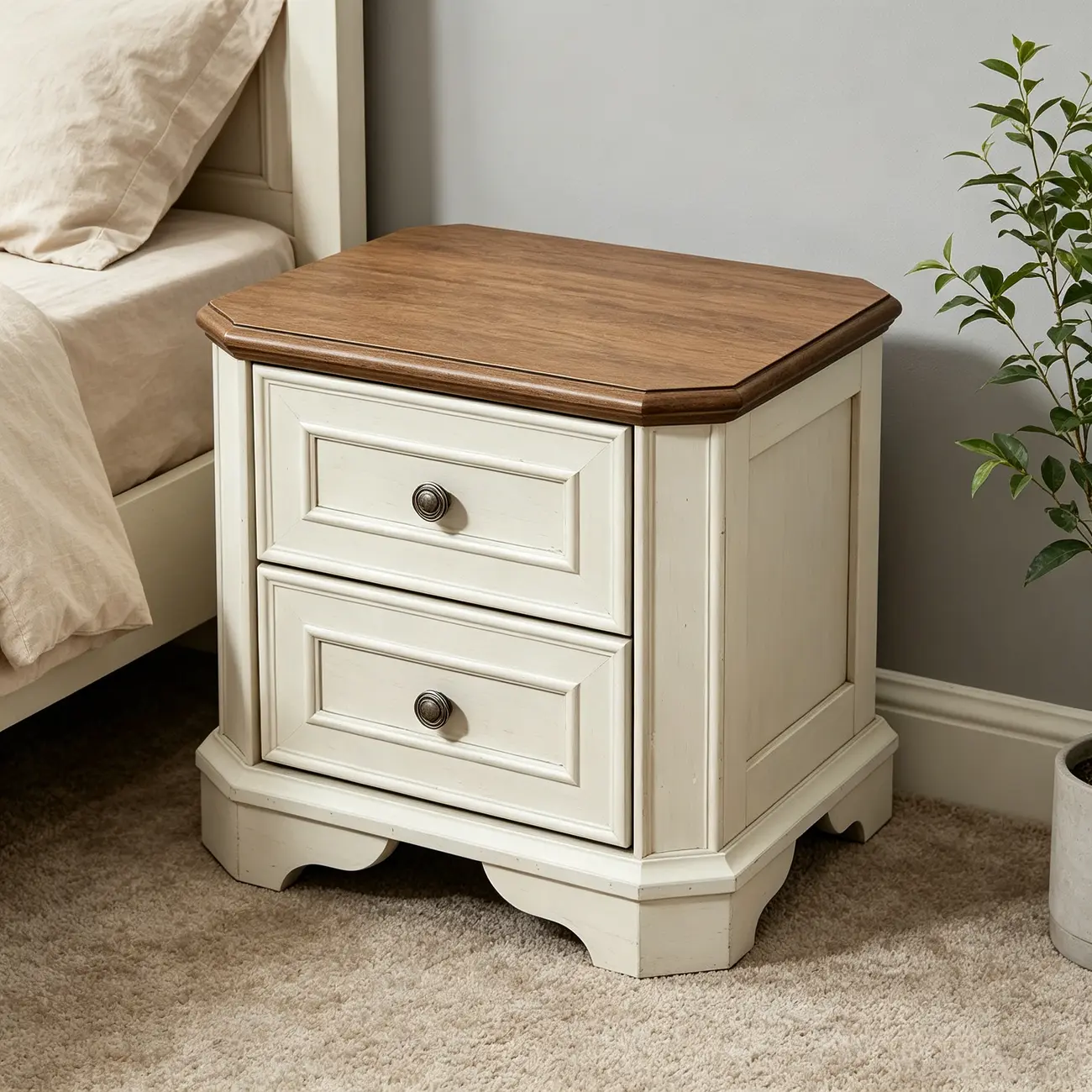 Traditional Farmhouse White End Table with 2 Drawers Image - 3 | homeyfad