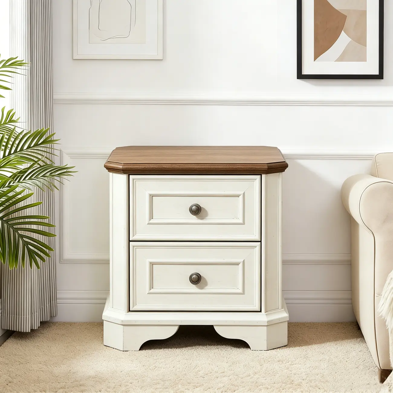 Traditional Farmhouse White End Table with 2 Drawers Image - 2 | homeyfad