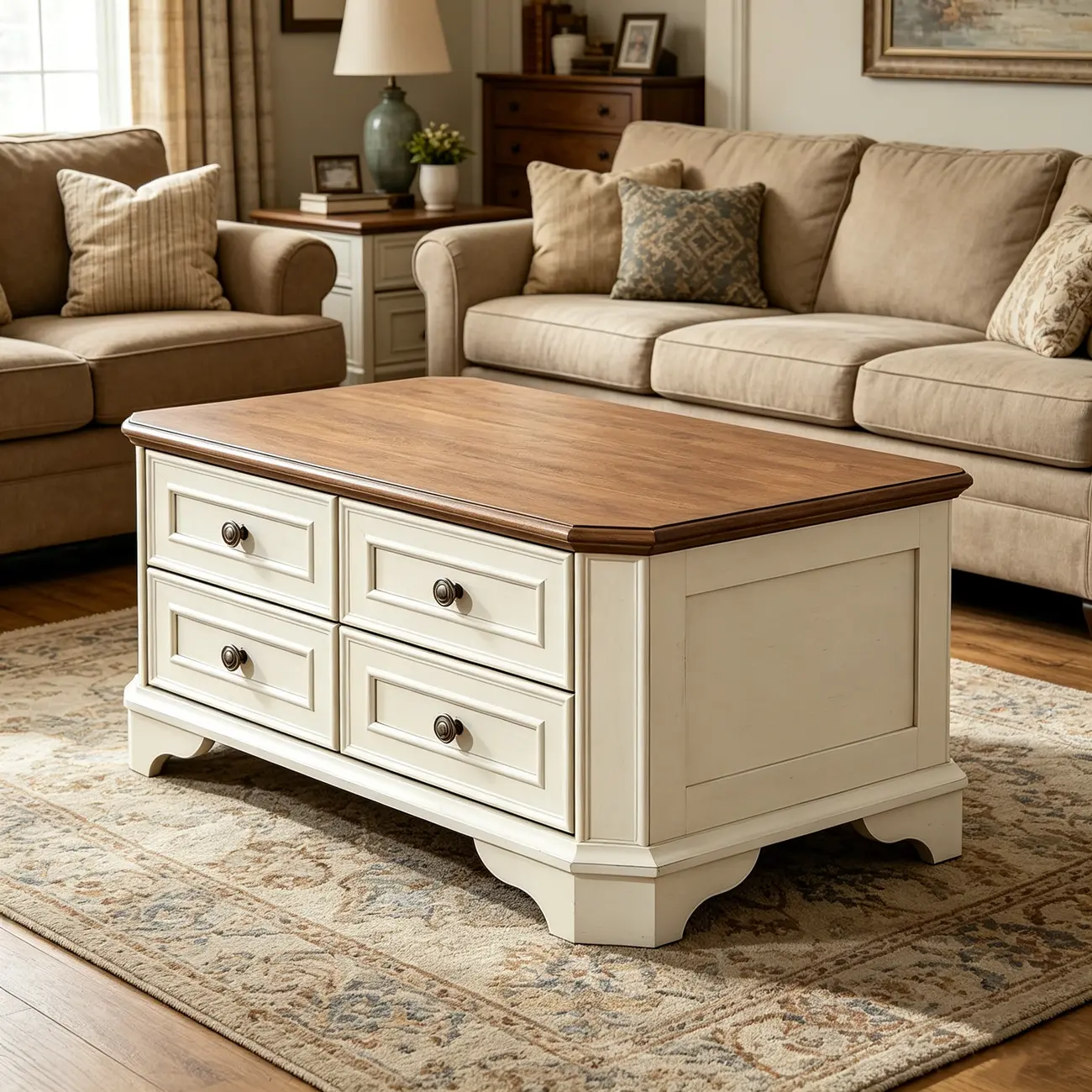 43" Traditional Farmhouse Wood Coffee Table with 4 Drawers Image - 6 | homeyfad