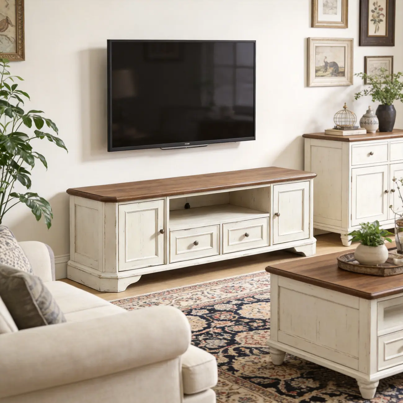 Traditional Farmhouse White TV Stand with Walnut Top Image - 1 | homeyfad
