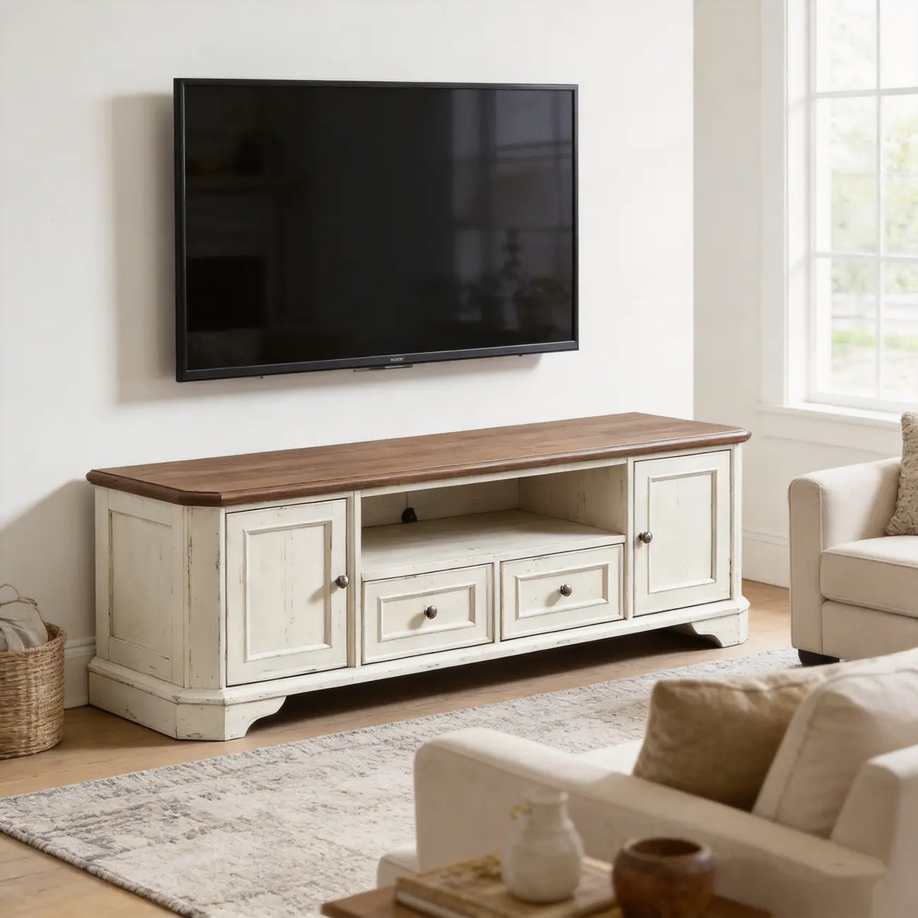 Traditional Farmhouse White TV Stand with Walnut Top Image - 9 | homeyfad