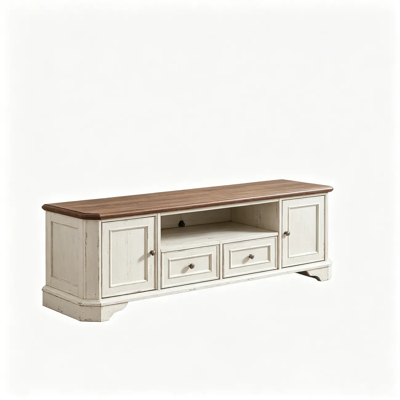 Traditional Farmhouse White TV Stand with Walnut Top Image - 12 | homeyfad
