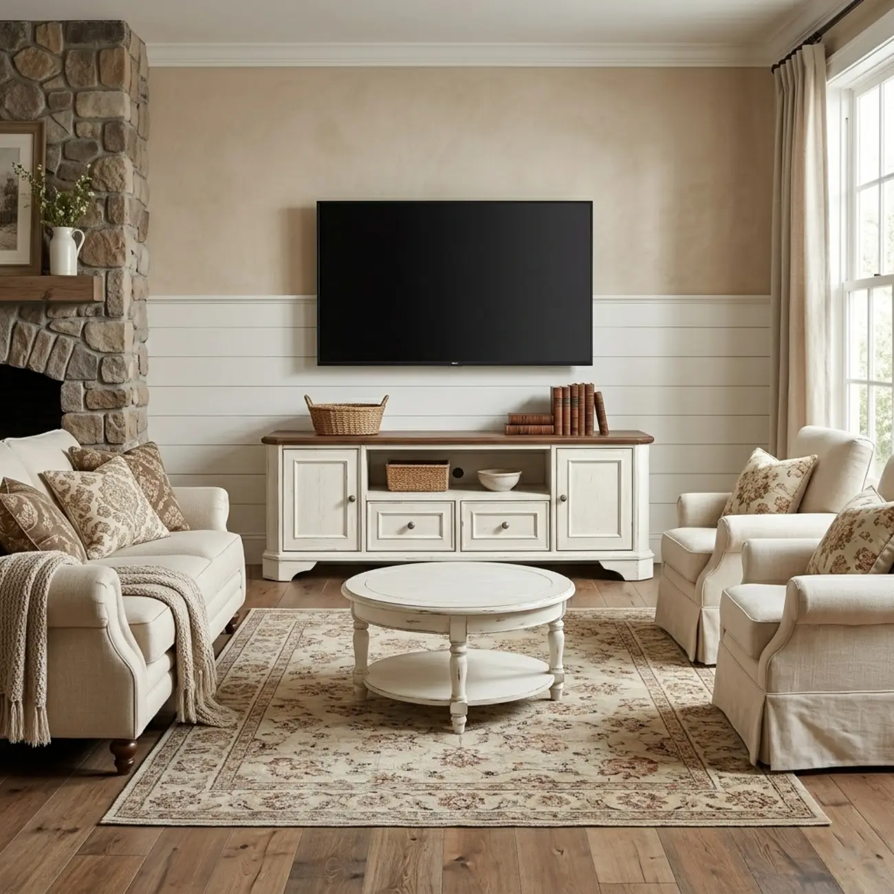 Traditional Farmhouse White TV Stand with Walnut Top Image - 7 | homeyfad