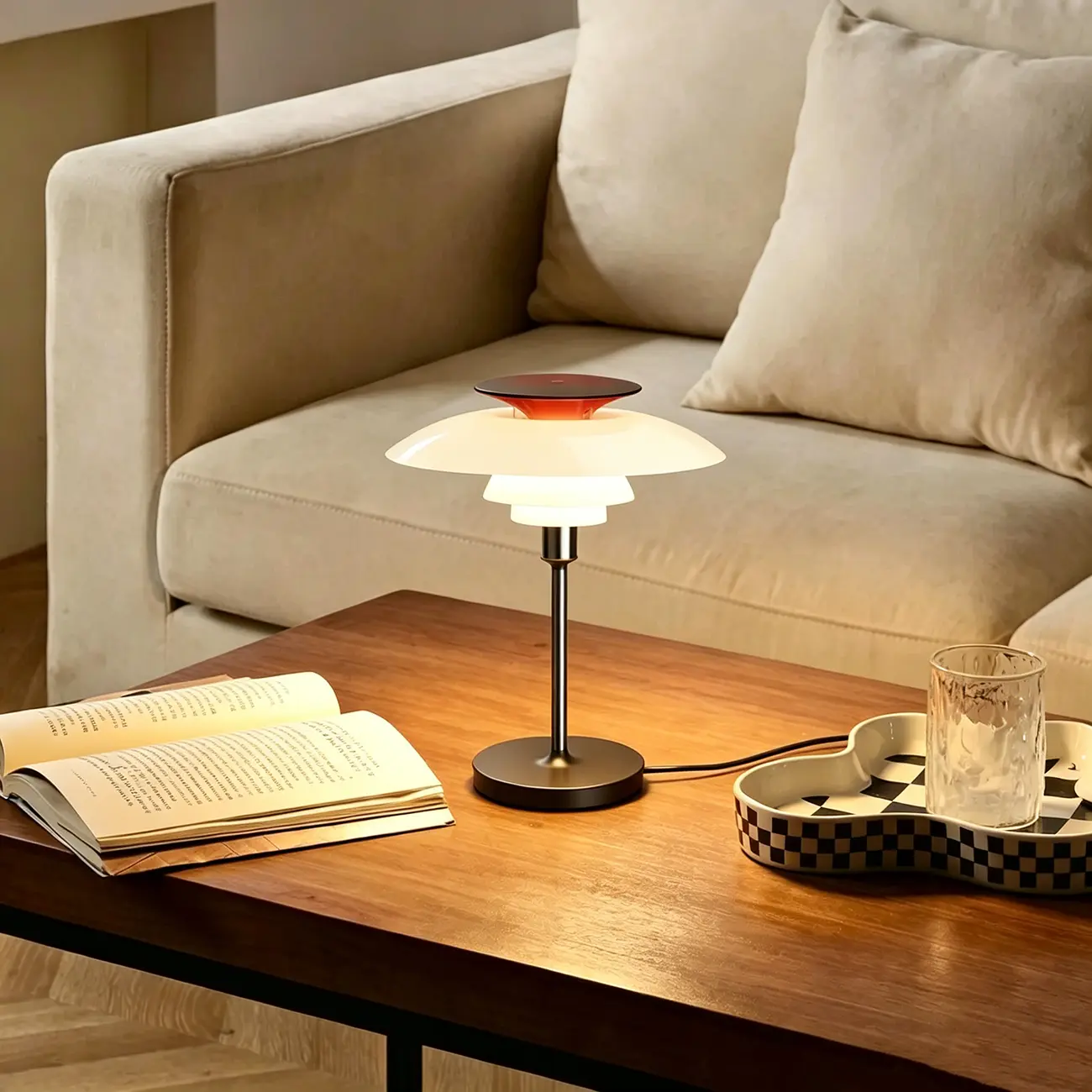 Minimalist White 3-tier Layered Accent Table Lamp With Red-orange Top Image - 5 | homeyfad